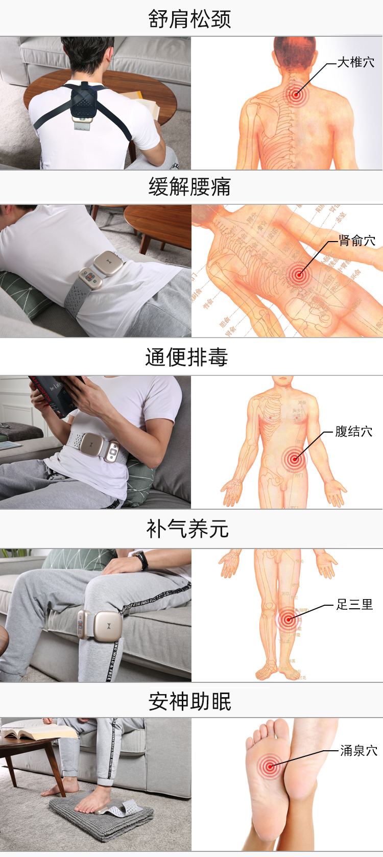 舒肩松頸、緩解腰痛、通便排毒、補氣養(yǎng)元、安神助眠